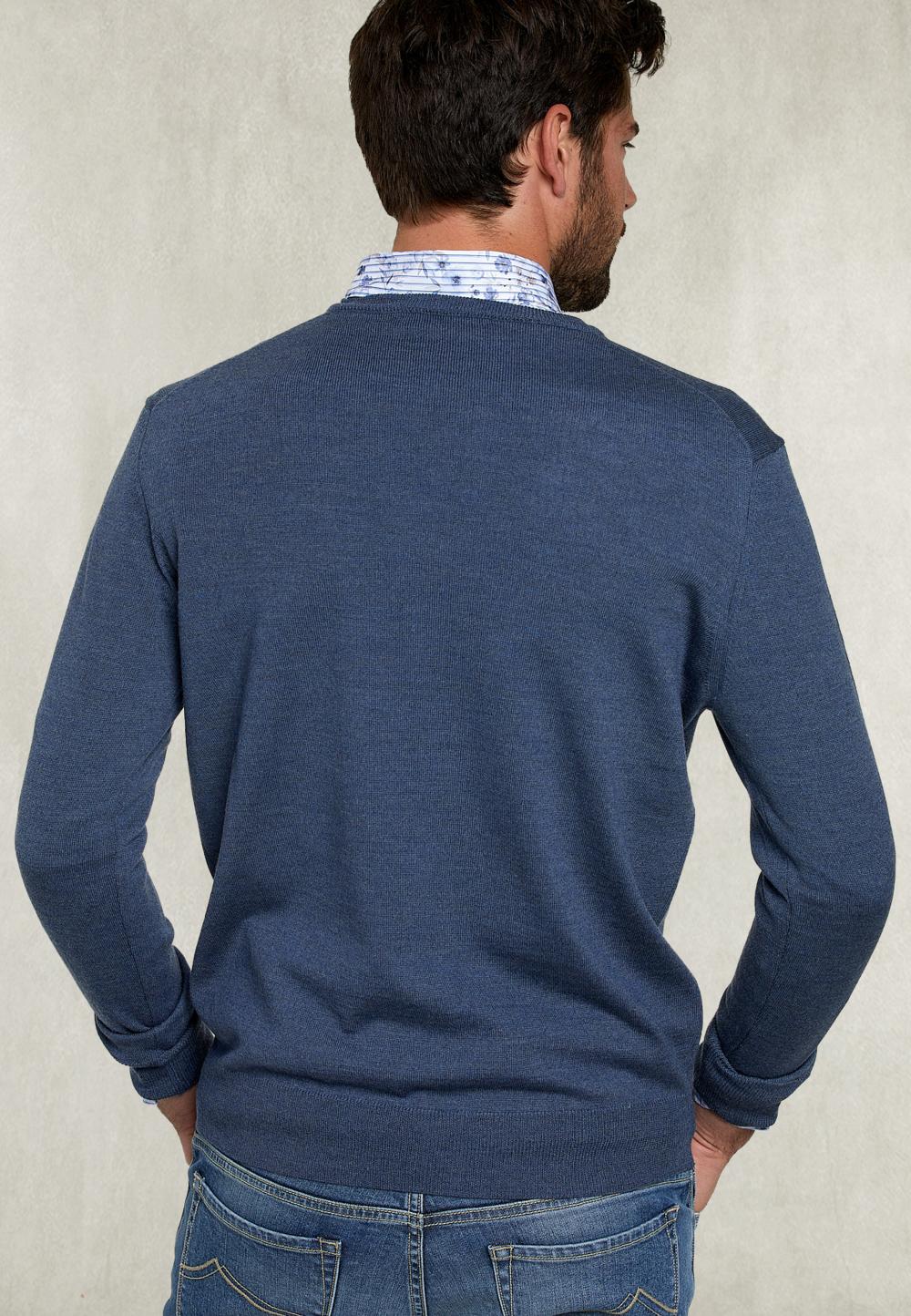 Basic Merino V-Neck Pullover Steel Mix - Blauw