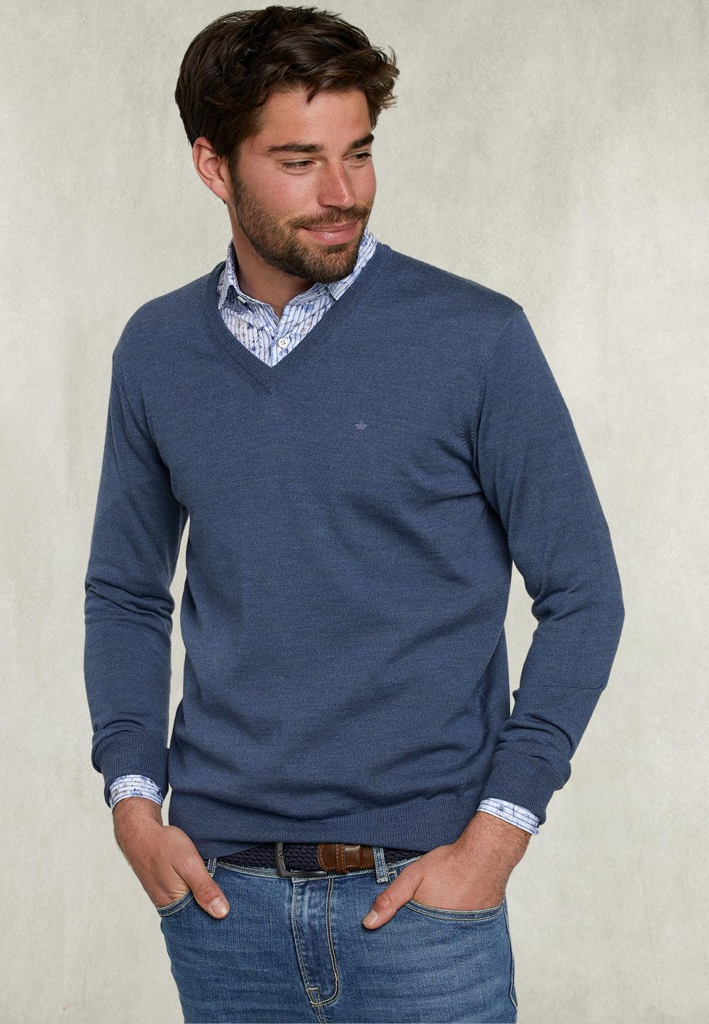 Basic Merino V-Neck Pullover Steel Mix - Blauw