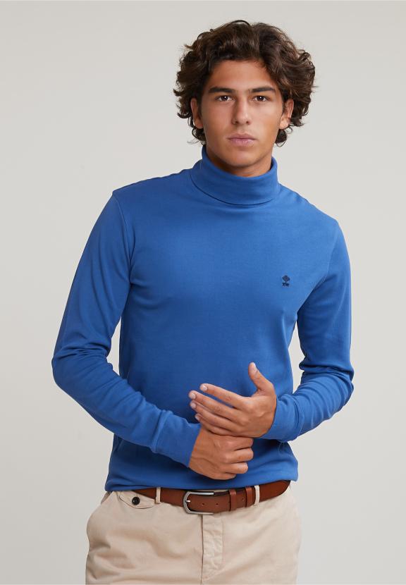 Cotton Roll Neck T-Shirt Long Sleeves Crown Blue - Blauw