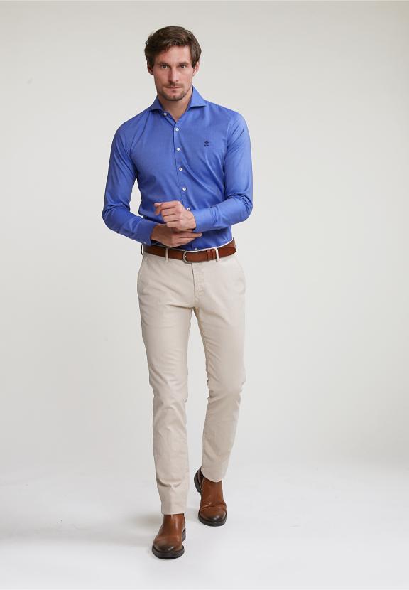 Slim Fit Uni Cotton Shirt Blue - Blauw