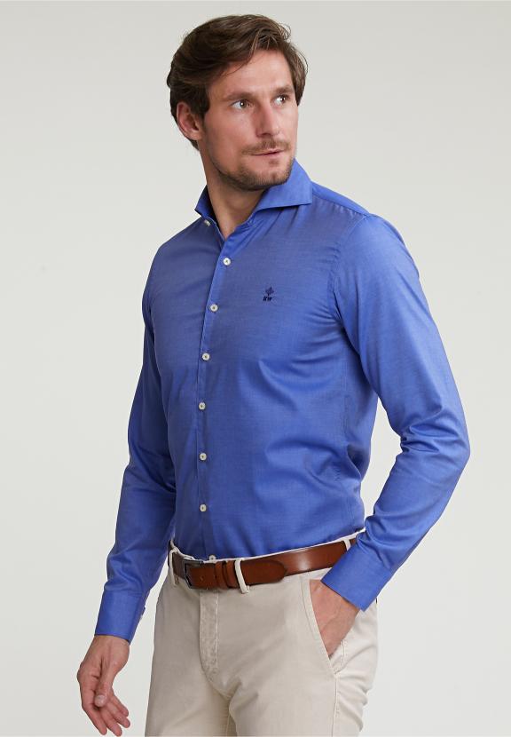 Slim Fit Uni Cotton Shirt Blue - Blauw