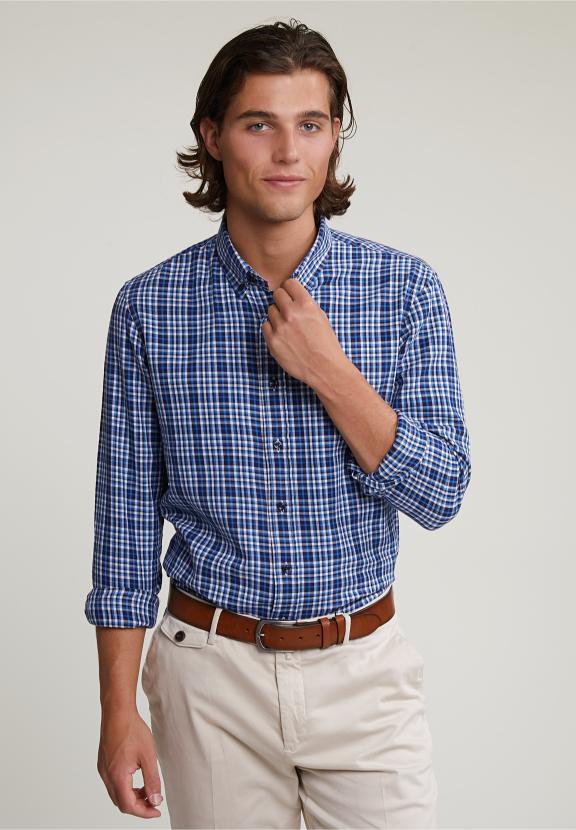Custom Fit Checked Shirt Blue/White - Meervoudig