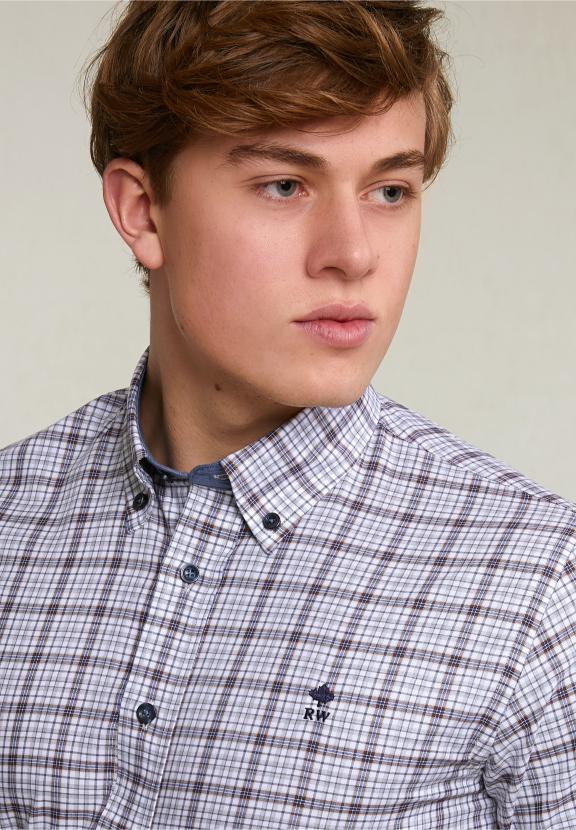 Custom Fit Checked Shirt White/Brown - Grijs