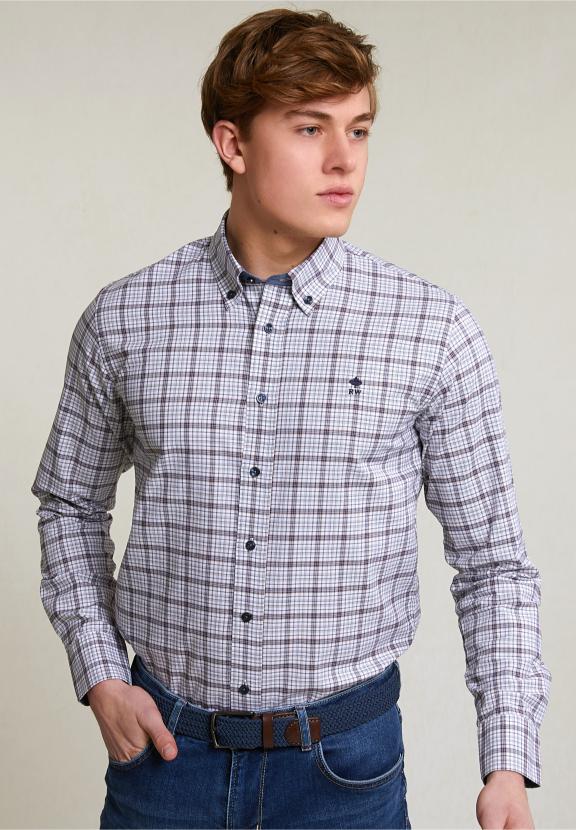 Custom Fit Checked Shirt White/Brown - Gris