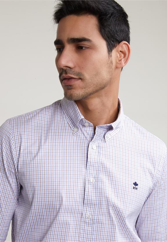 Custom Fit Checked Shirt Brown/Blue - Meervoudig