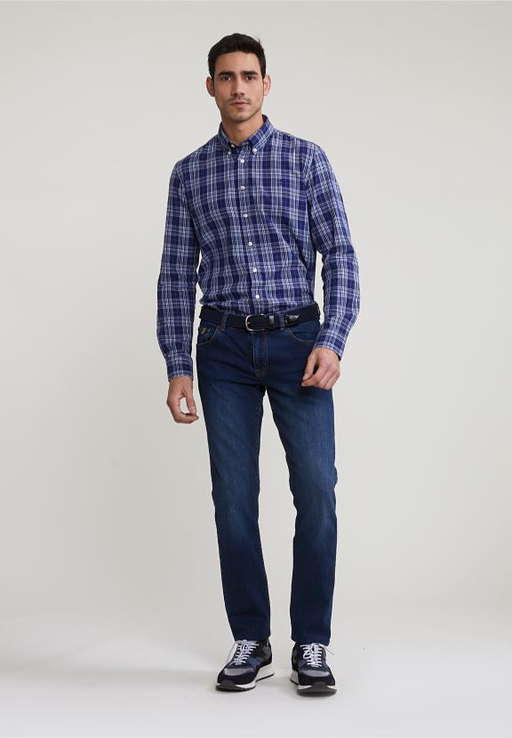 Custom Fit Checked Shirt Blue/Grey - Meervoudig