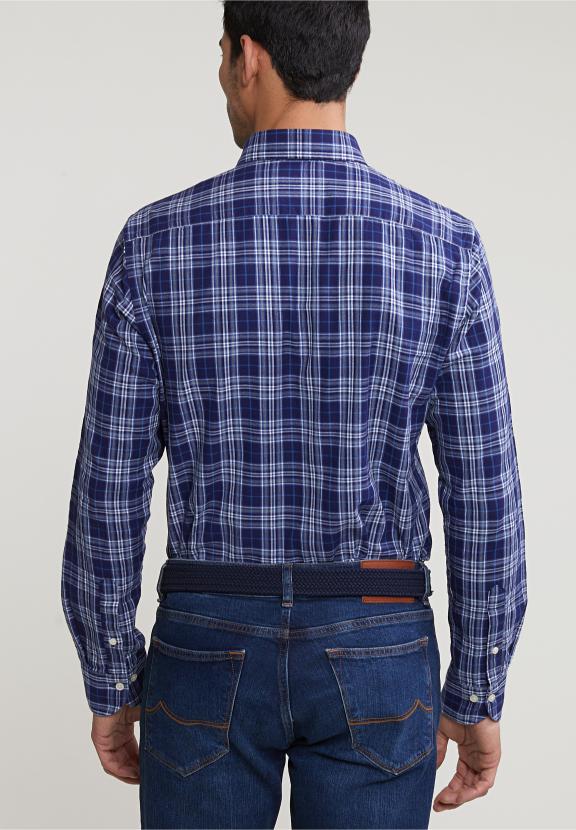 Custom Fit Checked Shirt Blue/Grey - Meervoudig