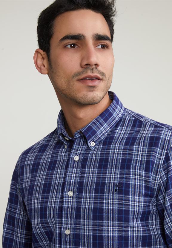 Custom Fit Checked Shirt Blue/Grey - Meervoudig