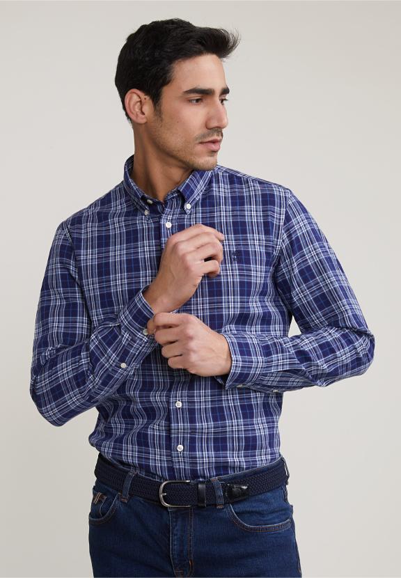 Custom Fit Checked Shirt Blue/Grey - Meervoudig