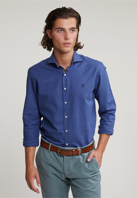 Custom Fit Uni Cotton Shirt Blue - Blauw