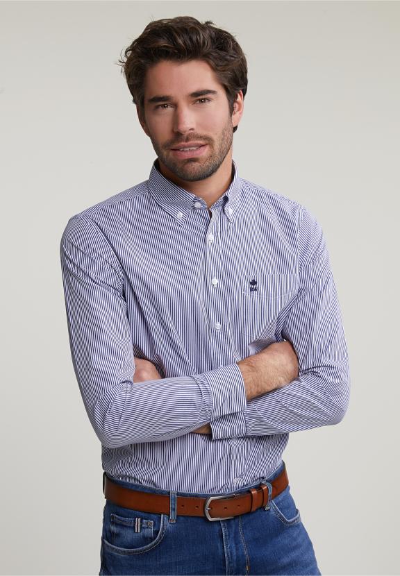 Slim Fit Striped Shirt With Pocket Blue/White - Meervoudig