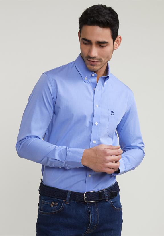 Slim Fit Uni Shirt With Pocket Blue - Meervoudig