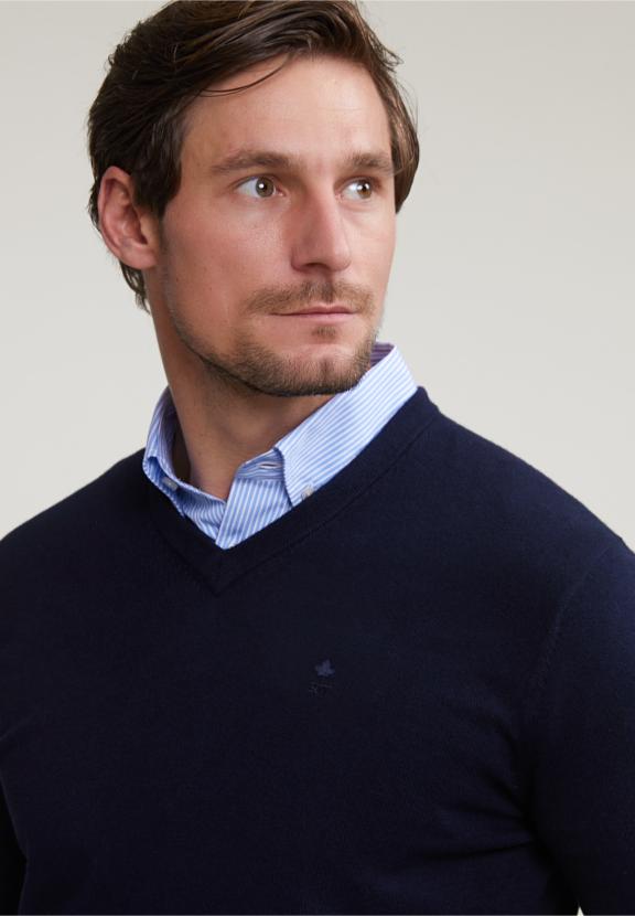 Normal Fit Basic Cotton V-Neck Sweater Navy - Blauw