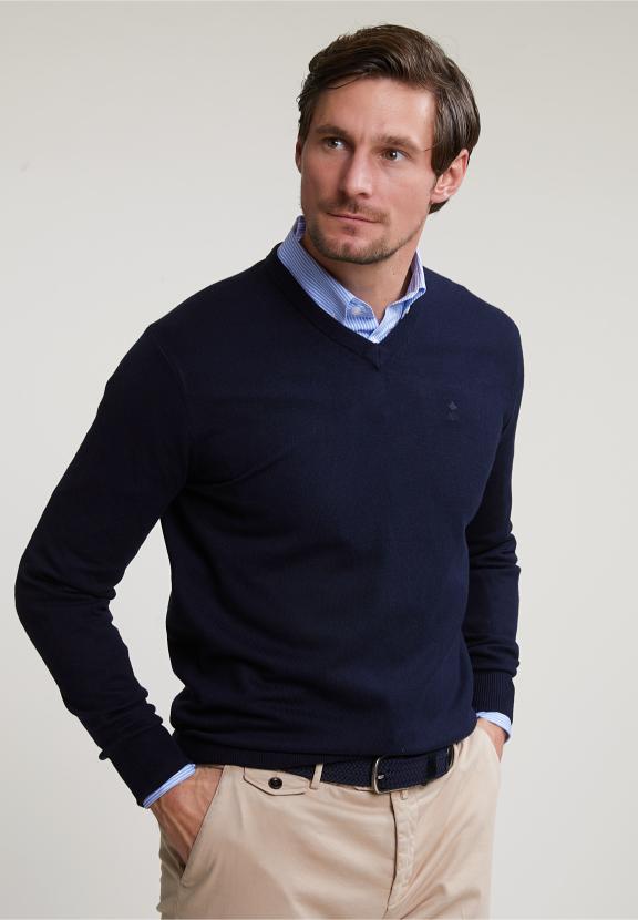 Normal Fit Basic Cotton V-Neck Sweater Navy - Blauw