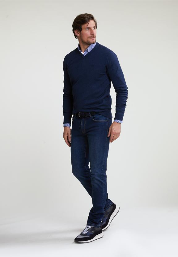 Normal Fit Basic Cotton V-Neck Sweater Oriental Blue Mix - Blauw