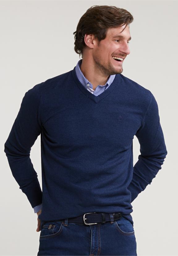 Normal Fit Basic Cotton V-Neck Sweater Oriental Blue Mix - Blauw