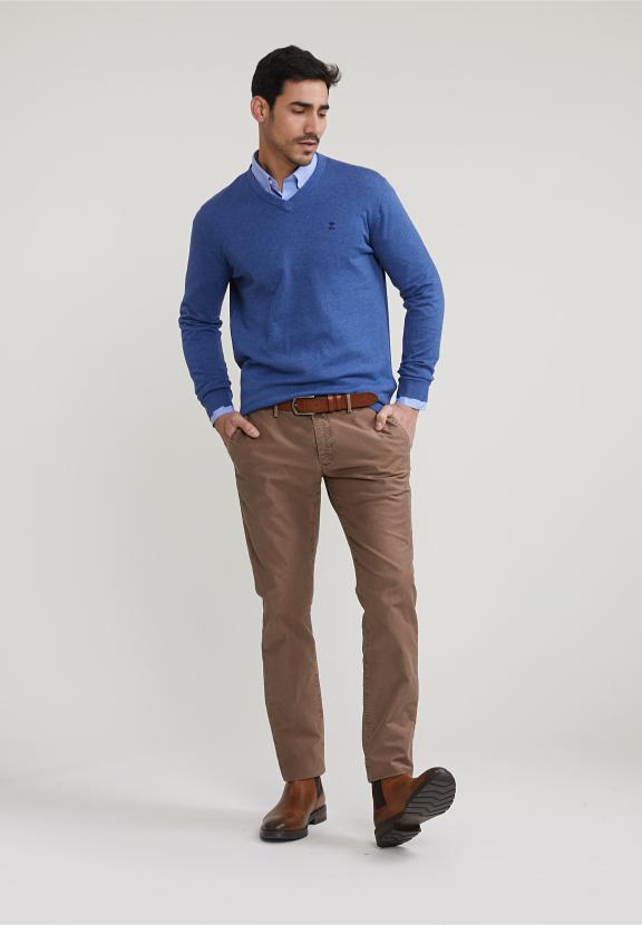 Normal Fit Basic Cotton V-Neck Sweater Wagon Blue Mix - Meervoudig