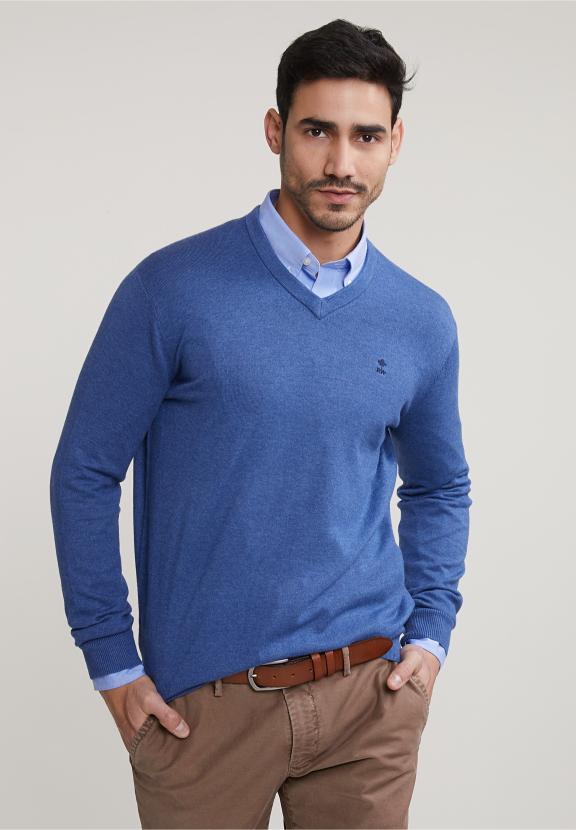 Normal Fit Basic Cotton V-Neck Sweater Wagon Blue Mix - Meervoudig