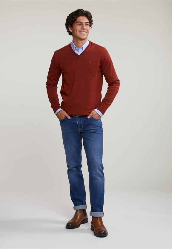 Custom Fit Basic Merino V-Neck Sweater Negroni Mix - Oranje