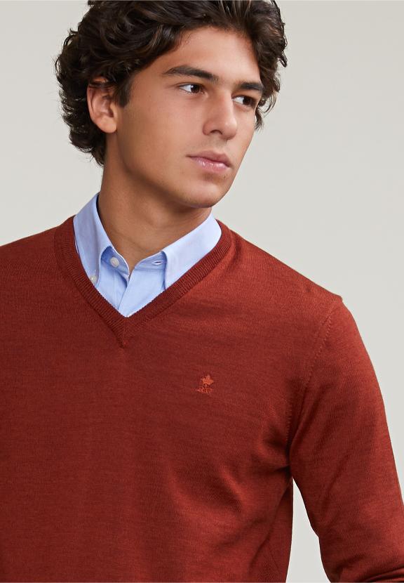 Custom Fit Basic Merino V-Neck Sweater Negroni Mix - Oranje