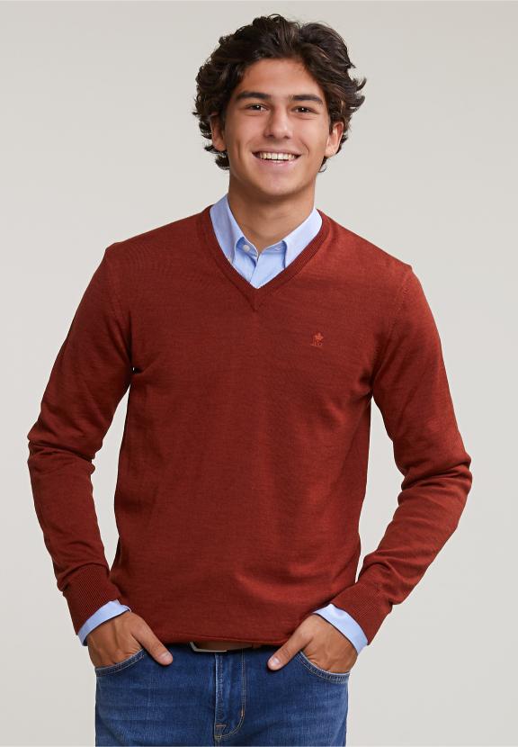 Custom Fit Basic Merino V-Neck Sweater Negroni Mix - Oranje