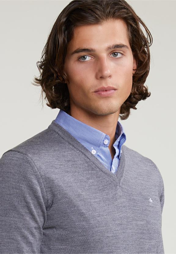 Custom Fit Basic Merino V-Neck Sweater Oxford Mix - Grijs