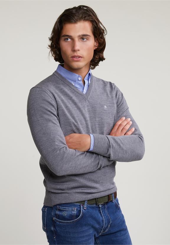 Custom Fit Basic Merino V-Neck Sweater Oxford Mix - Grijs