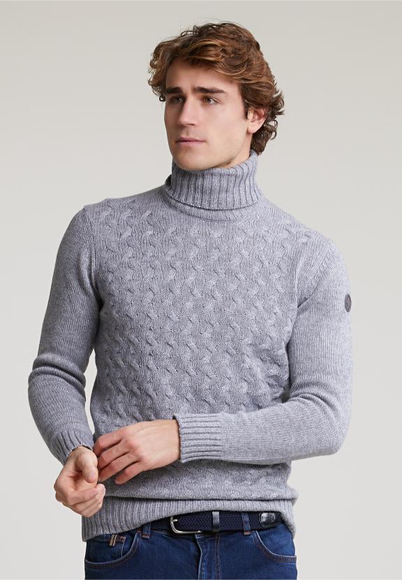 Custom Fit Wool-Cashmere Roll Neck Sweater Inox Mix - Grijs