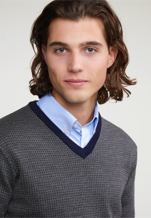 Custom Fit Merino V-Neck Sweater Navy/Oxford Mix - Blauw