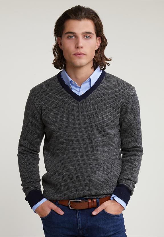 Custom Fit Merino V-Neck Sweater Navy/Oxford Mix - Blauw