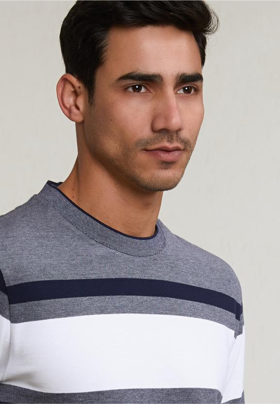 Custom Fit Sporty Striped T-Shirt Navy - Blauw