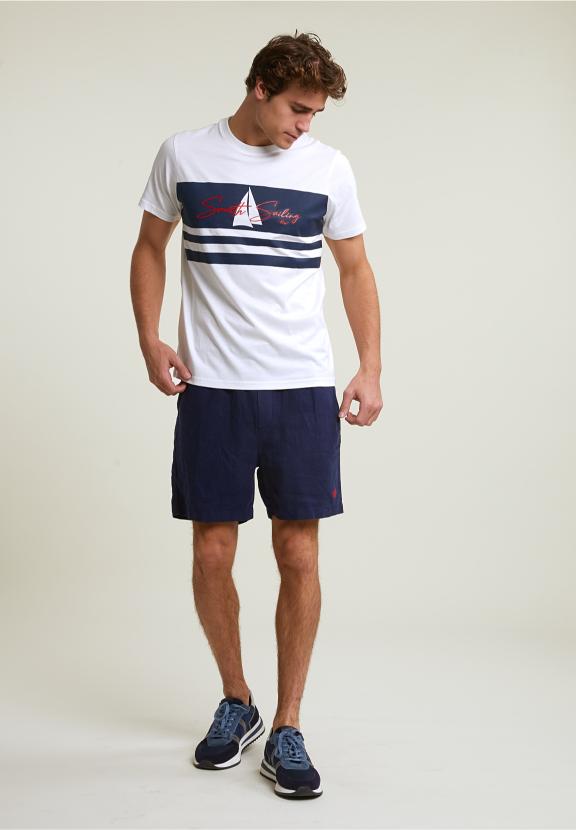 Custom Fit Fantasy T-Shirt Short Sleeves Off White/Navy - Wit