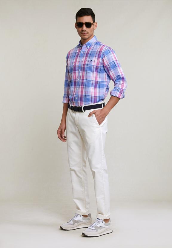Custom Fit Cotton-Linen Checked Shirt Blue/Pink - Roze