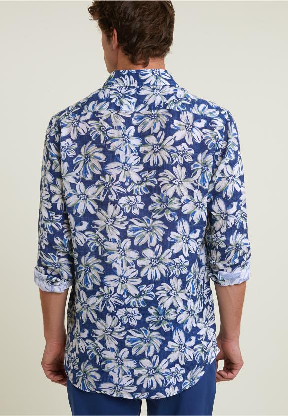 Custom Fit Linen Floral Shirt Blue/Green - Mix
