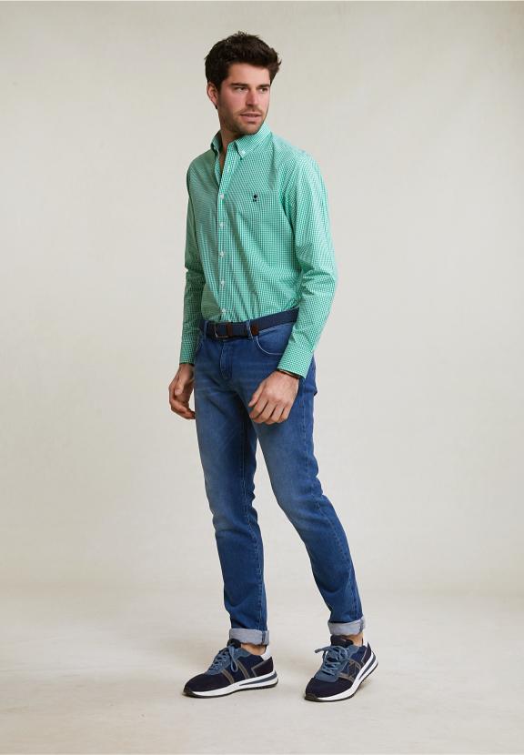Custom Fit Checked Cotton Shirt Green/White - Vert