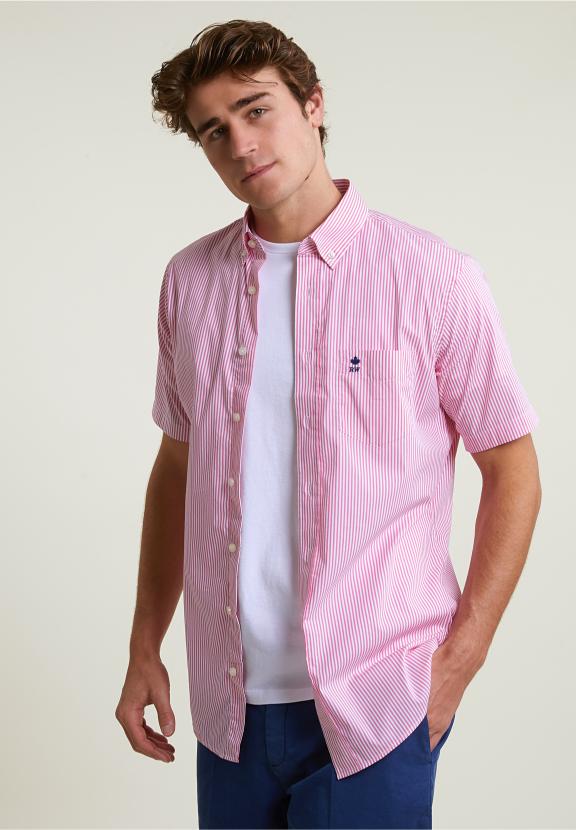 Custom Fit Striped Performance Stretch Shirt Short Sleeves Pink/White - Mix