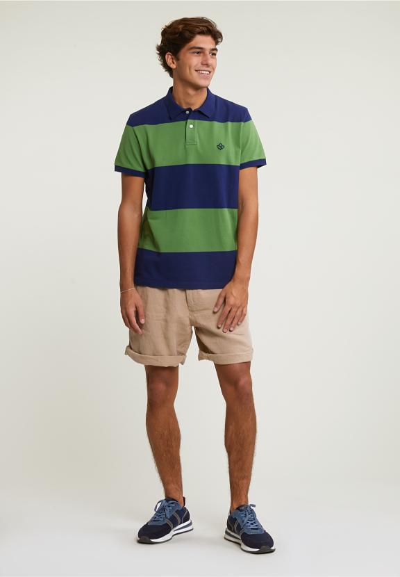 Custom Fit Striped Stretch Polo Royal Blue/Belize Green - Blauw