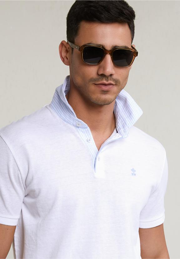 Custom Fit Cotton-Linen Polo White - Wit