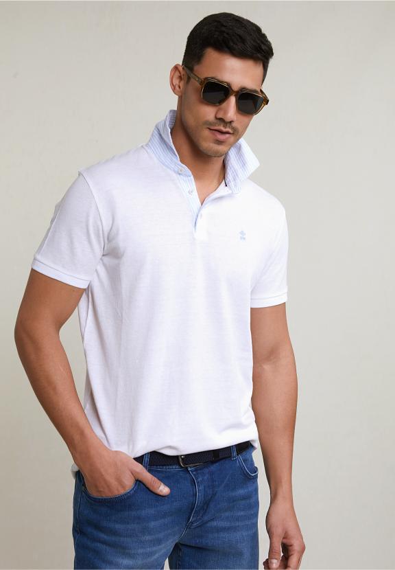 Custom Fit Cotton-Linen Polo White - Wit