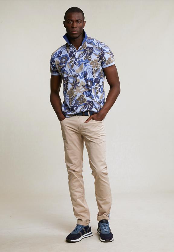 Custom Fit Cotton-Linen Floral Polo Sky Mix - Blauw