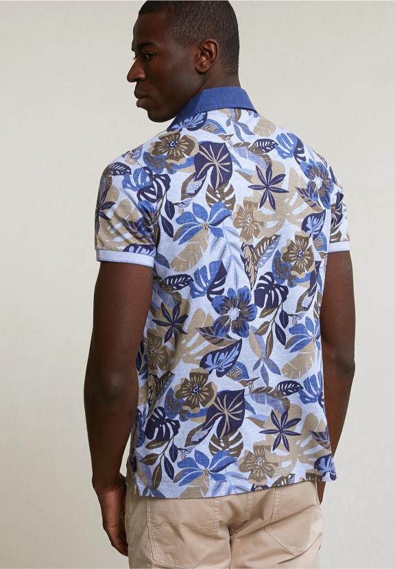 Custom Fit Cotton-Linen Floral Polo Sky Mix - Blauw
