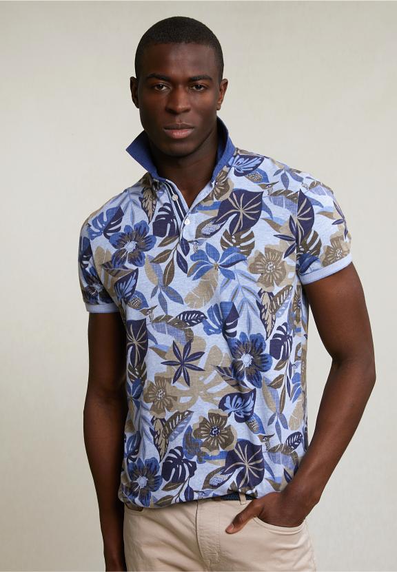 Custom Fit Cotton-Linen Floral Polo Sky Mix - Blauw