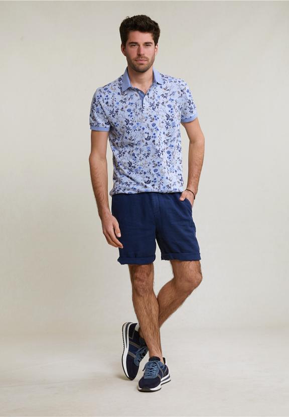 Custom Fit Cotton-Linen Floral Polo Chambray Mix - Blauw