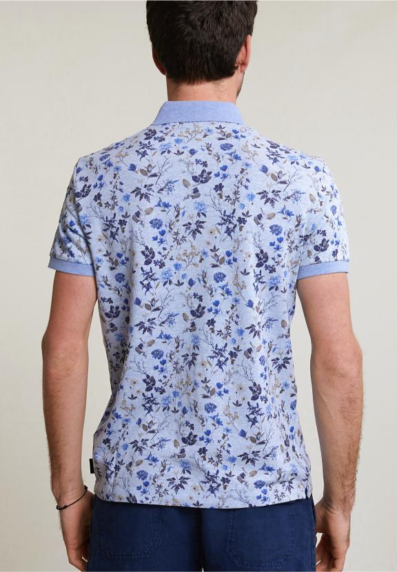 Custom Fit Cotton-Linen Floral Polo Chambray Mix - Blauw
