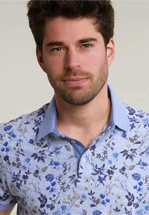 Custom Fit Cotton-Linen Floral Polo Chambray Mix - Blauw