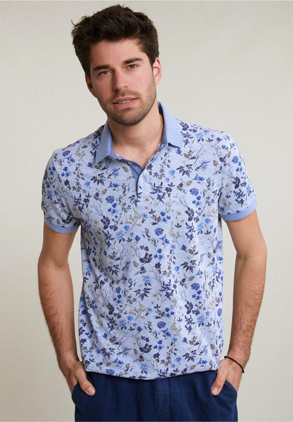 Custom Fit Cotton-Linen Floral Polo Chambray Mix - Blauw