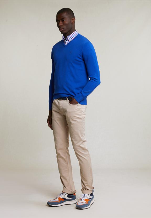 Normal Fit Basic Cotton V-Neck Pullover Evening Blue Mix - Blauw