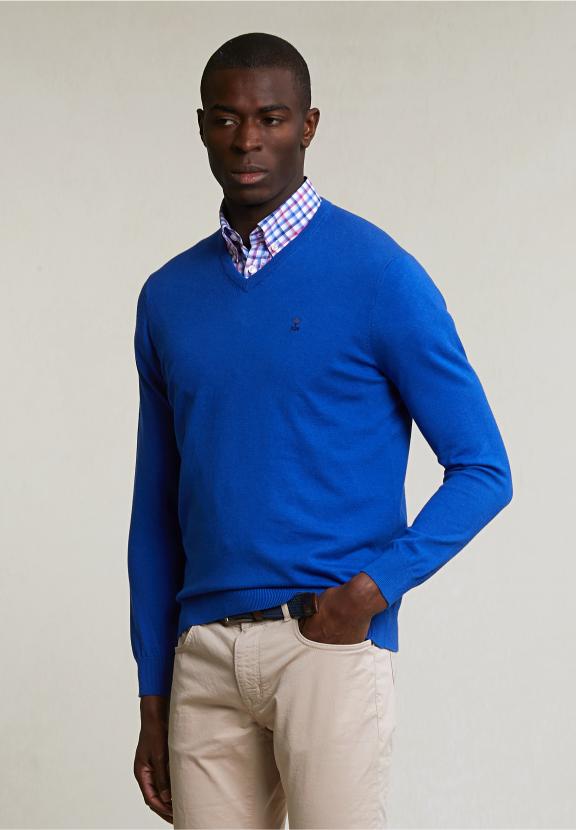 Normal Fit Basic Cotton V-Neck Pullover Evening Blue Mix - Blauw