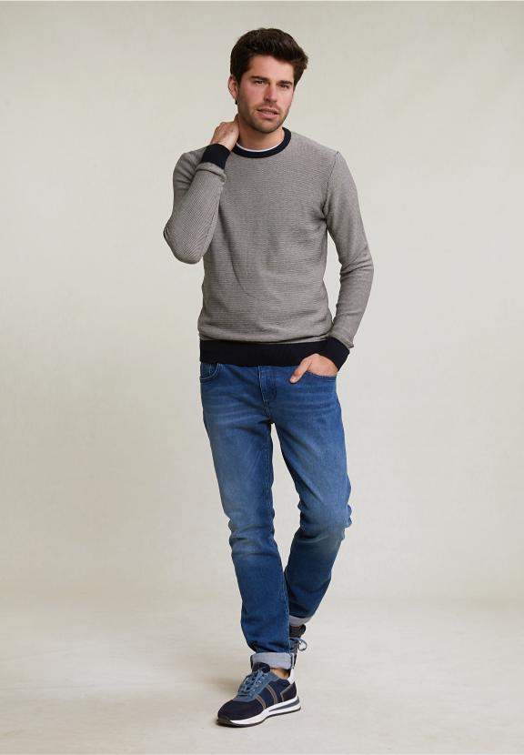 Slim Fit Dotted Pima Cotton Crew Neck Sweater Navy - Blauw