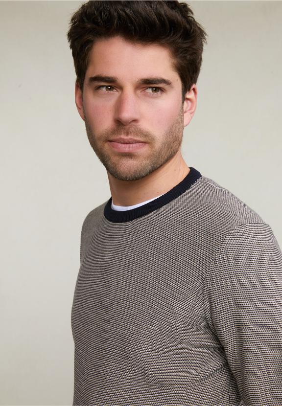 Slim Fit Dotted Pima Cotton Crew Neck Sweater Navy - Blauw